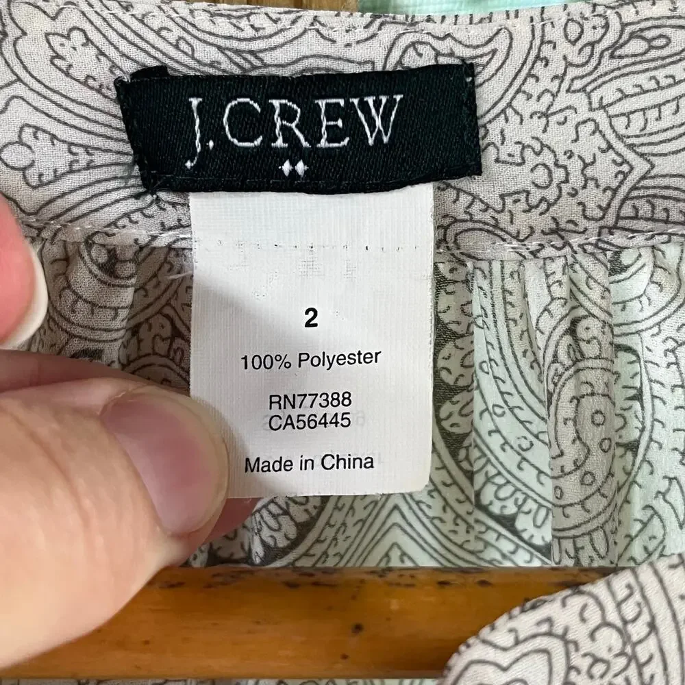 J.Crew Womens Classic Grey Paisley Print Pleated Front Long Sleeve Blouse Size 2